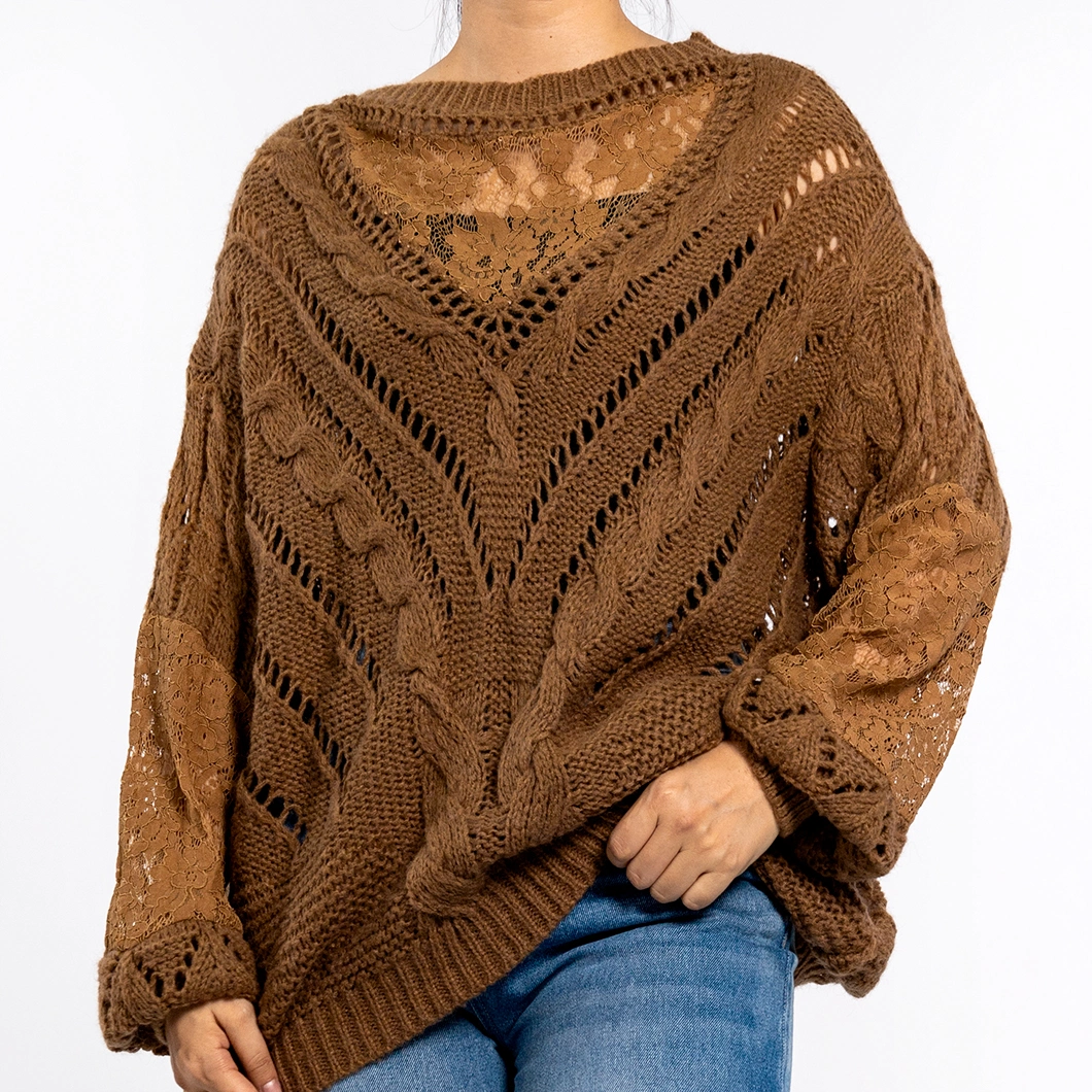 Women&prime;s Brown Hollow Print Texture Round Neck Long Sleeve Pullover Grunge Sweater Knit Top