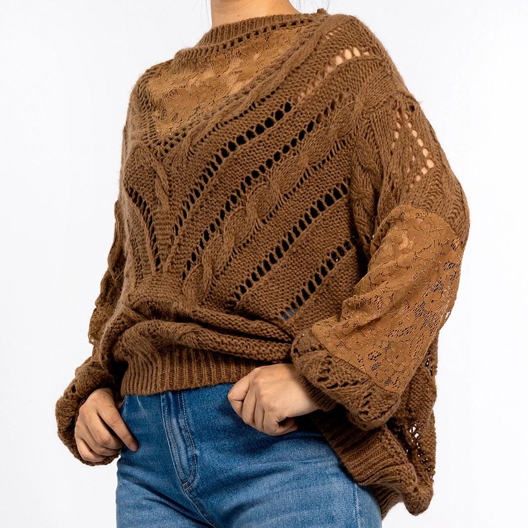 Women&prime;s Brown Hollow Print Texture Round Neck Long Sleeve Pullover Grunge Sweater Knit Top