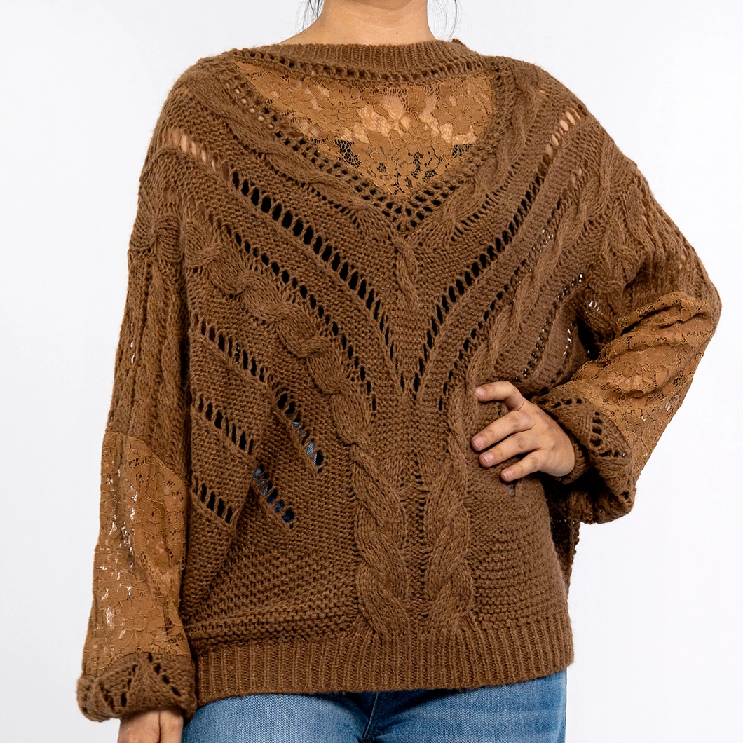 Women&prime;s Brown Hollow Print Texture Round Neck Long Sleeve Pullover Grunge Sweater Knit Top