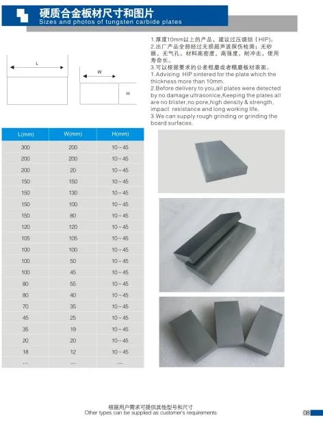 High Strength Tungsten Carbide Plates 100% Passed Inspection Yg8 5*100*100mm for Making Wear-Resistant Parts