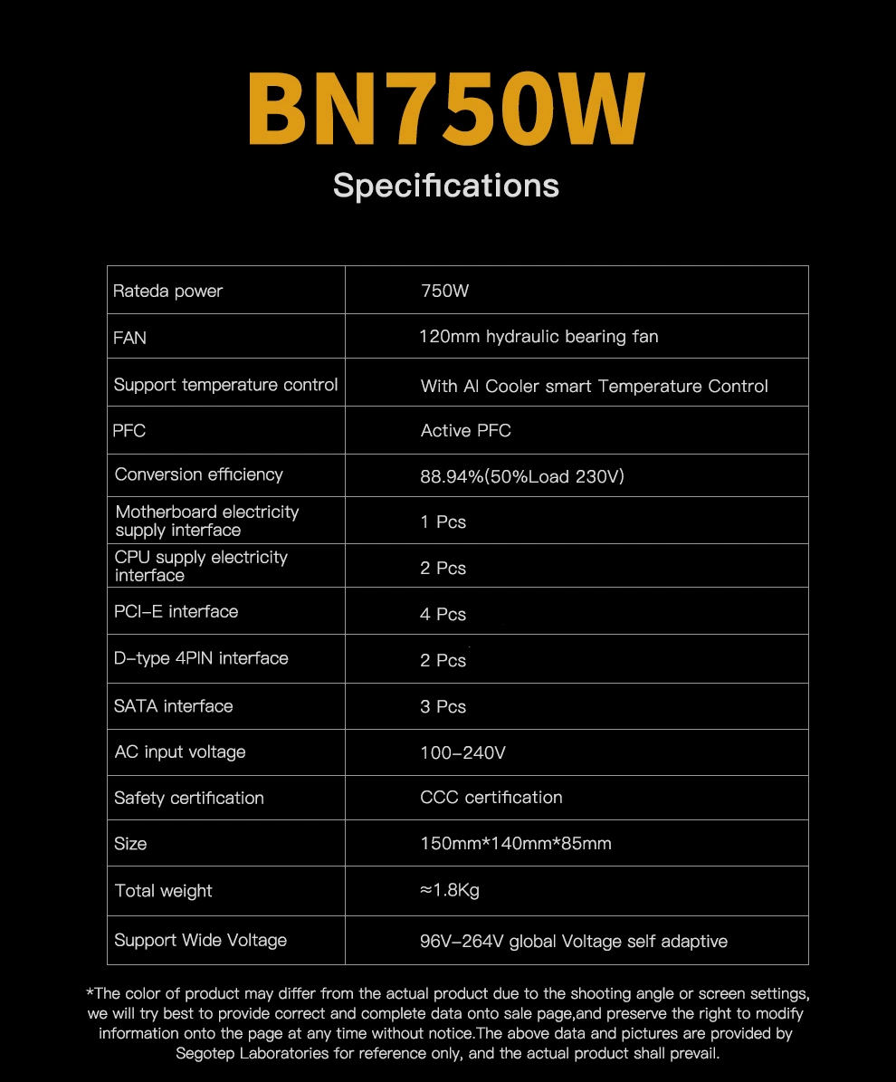 Segotep Bn650W 750W 80plus Bronze PSU 110V-260V Non Modular ATX Switching PC Power Supply for Gaming Computer AMD Intel
