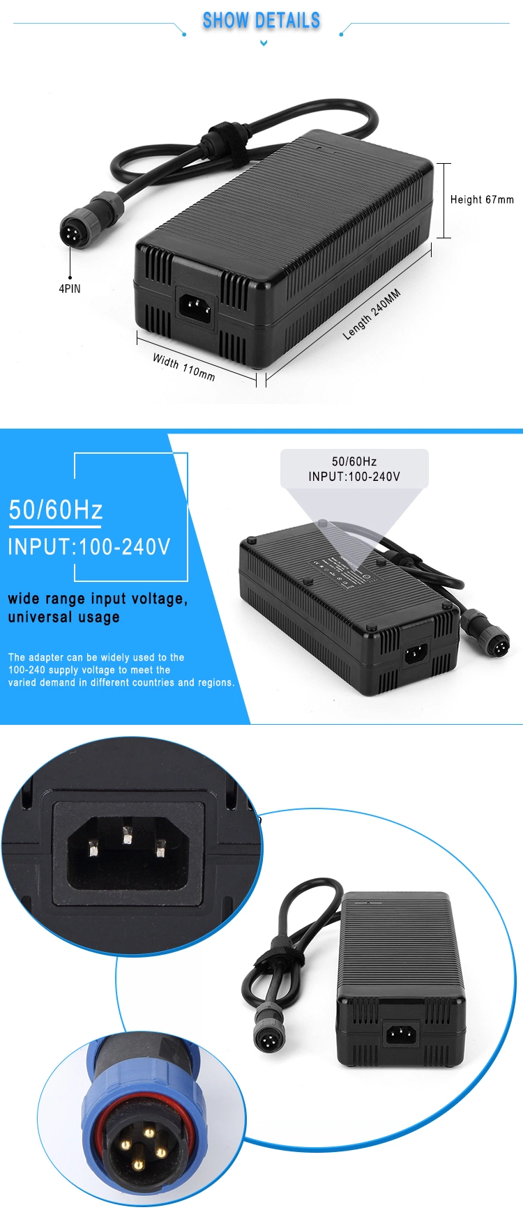 AC/DC Power Adapter Desk Type 480W 12V 40A Waterproof 4 Pin Power Supply SMPS