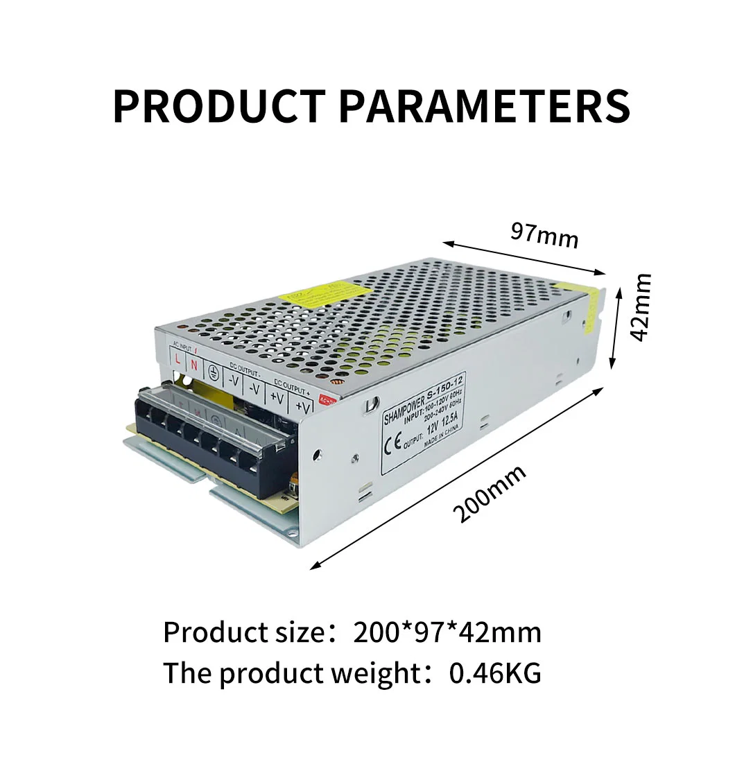 Shampower AC 110V / 220V to DC 12V 12.5A 150W Switching Power Supply for CCTV Cameras and LED Strip Lights