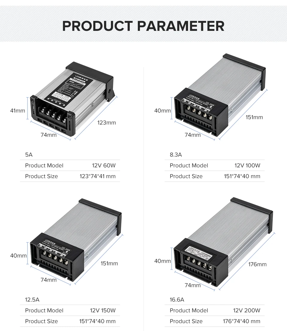 AC180V-240V to DC12V 24V IP65 Rain-Proof Power Supply Transformer Adapter for LED Strip Lights 60W 100W 150W 200W 300W 400W 600W