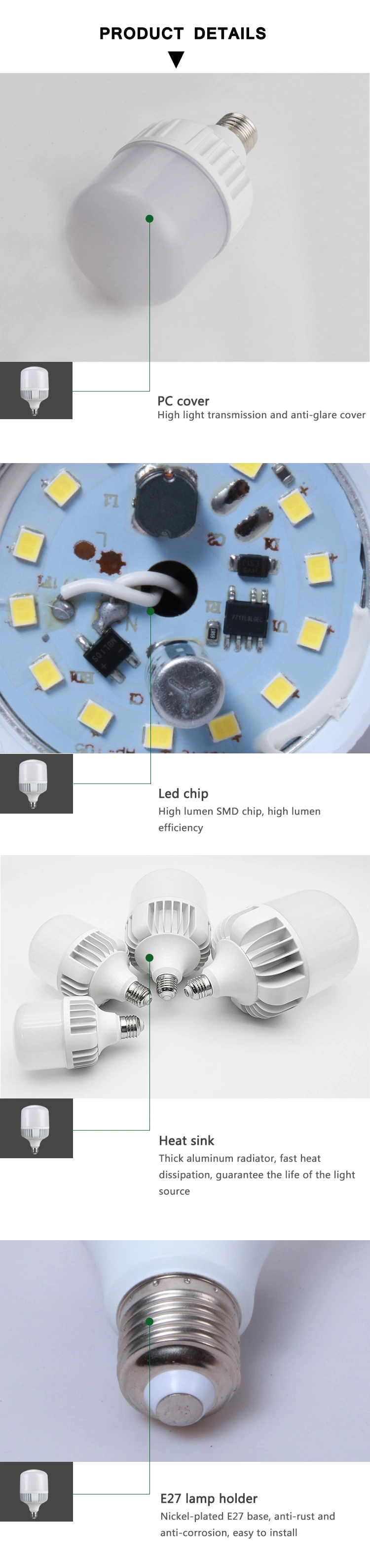 China Supplier High Power LED Bulb T Shape High Bay Bulb 20W 30W 40W 50W 80W 100W 100% Aluminum Materials, IC Driver