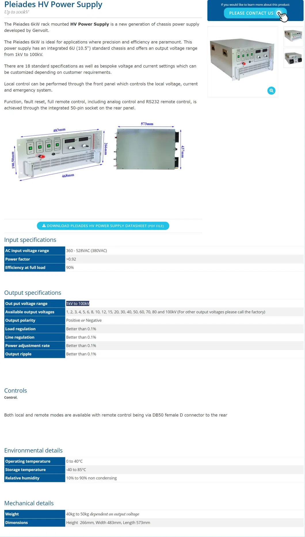 Pleiades HV Power Supply X Ray power supply rack-mounted HV Power Supply