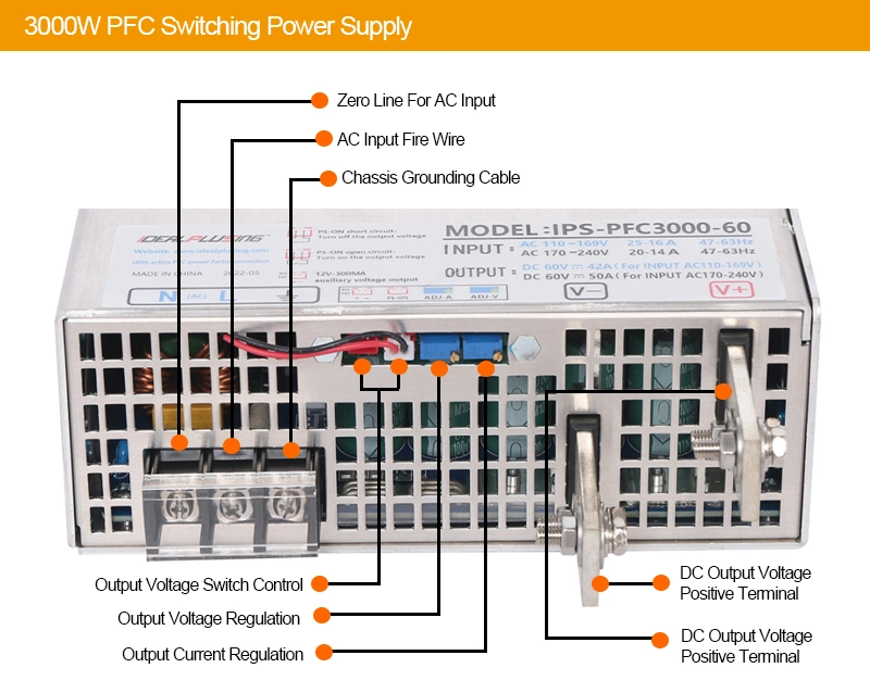 Support 110/220VAC Input Single Output Pfc Function 3000W Switching 12V 24V 125A 100A AC DC Power Supply