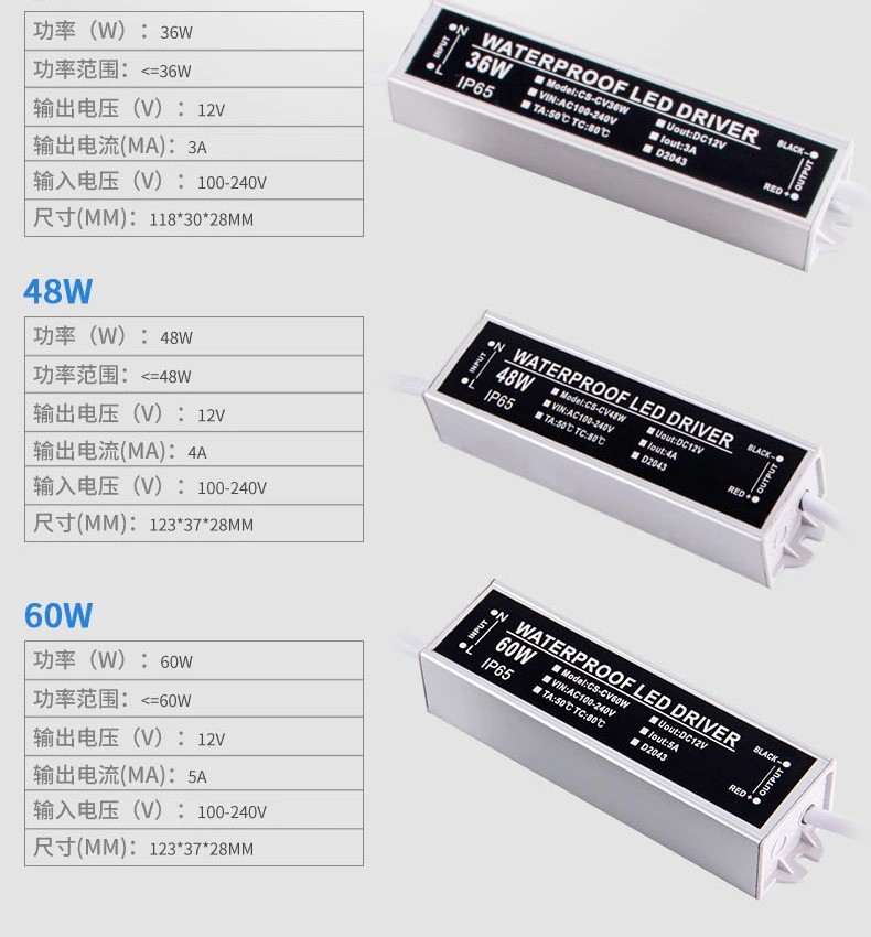 LED Strip 100-240VAC Input 12VDC Constant Voltage 60W LED Driver