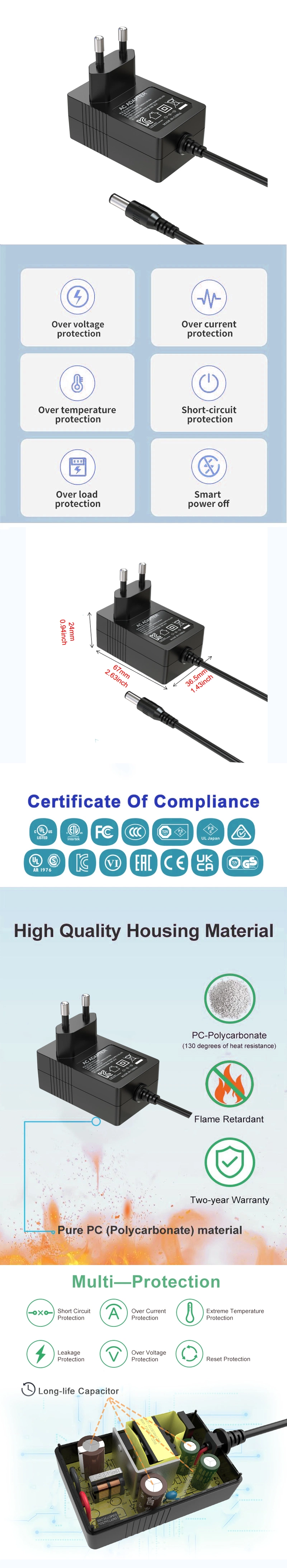 Korea Plug 12V 2A Wall Adapter Switching Power Supply with Multiple Protections