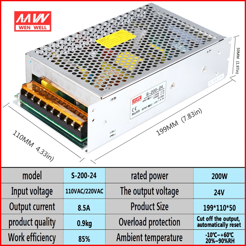 S-200-24 200W 24V 8.3A Meanwell Style Single Output Switching Power Supply