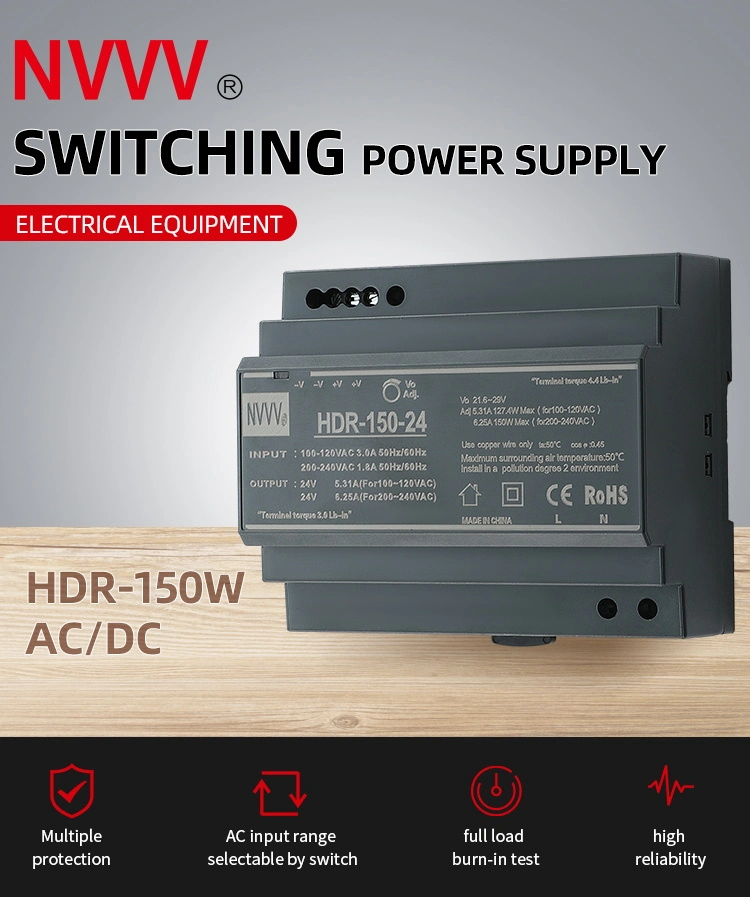 Hdr Series Ultra-Thin DIN-Rail Switching Power Supply 5V Hdr-15W/30W/60W/100W/150W 12V 24V 48V