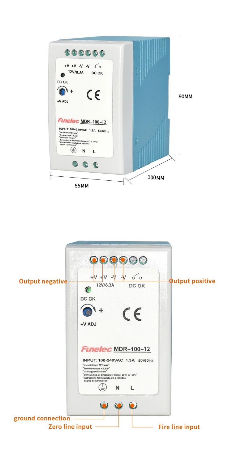 Guide Rail Switching Power Supply DC Transformer 100W Small Size Mdr-100-12V 7.5A