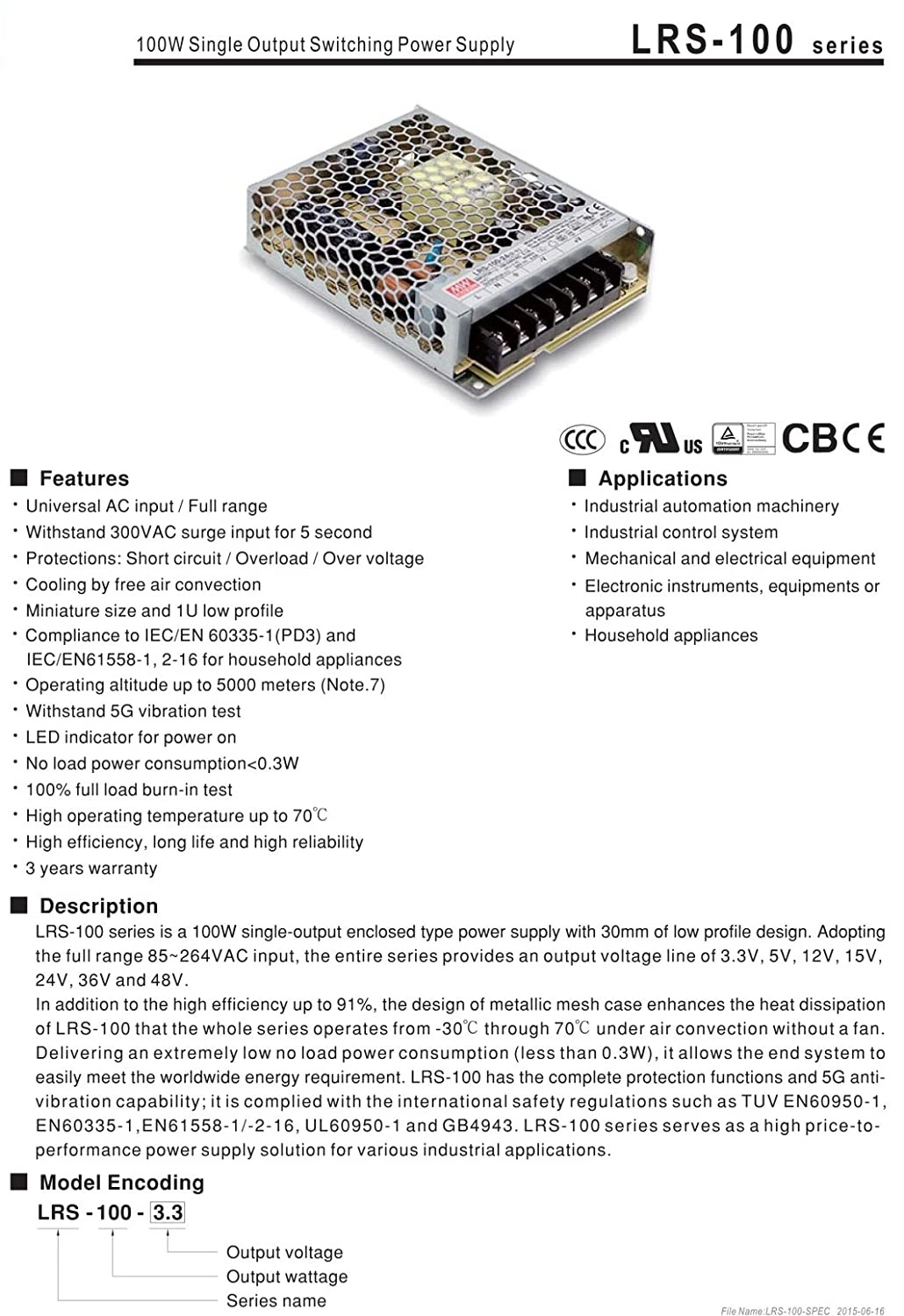 DC Switching Power Supply Lrs-100-12 Ultra-Thin AC 100-240V to DC12V 8.5A Converter Switch Transformer for CCTV, Computer Project, 3D Printer, LED Strip Light,