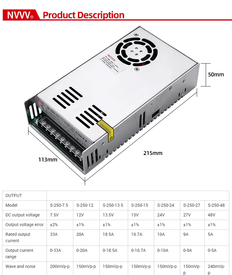 Switching Power Supply 200W 5V 40A for LED Power Supply S-250-5