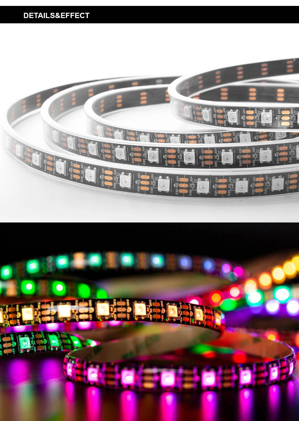 Ws2812b RGB LED Strip Light 1m 2m 3m 4m 5m Addressable Individually Ws2812 18 30 60 74 96 100 144 LEDs Magic Black White PCB 5V