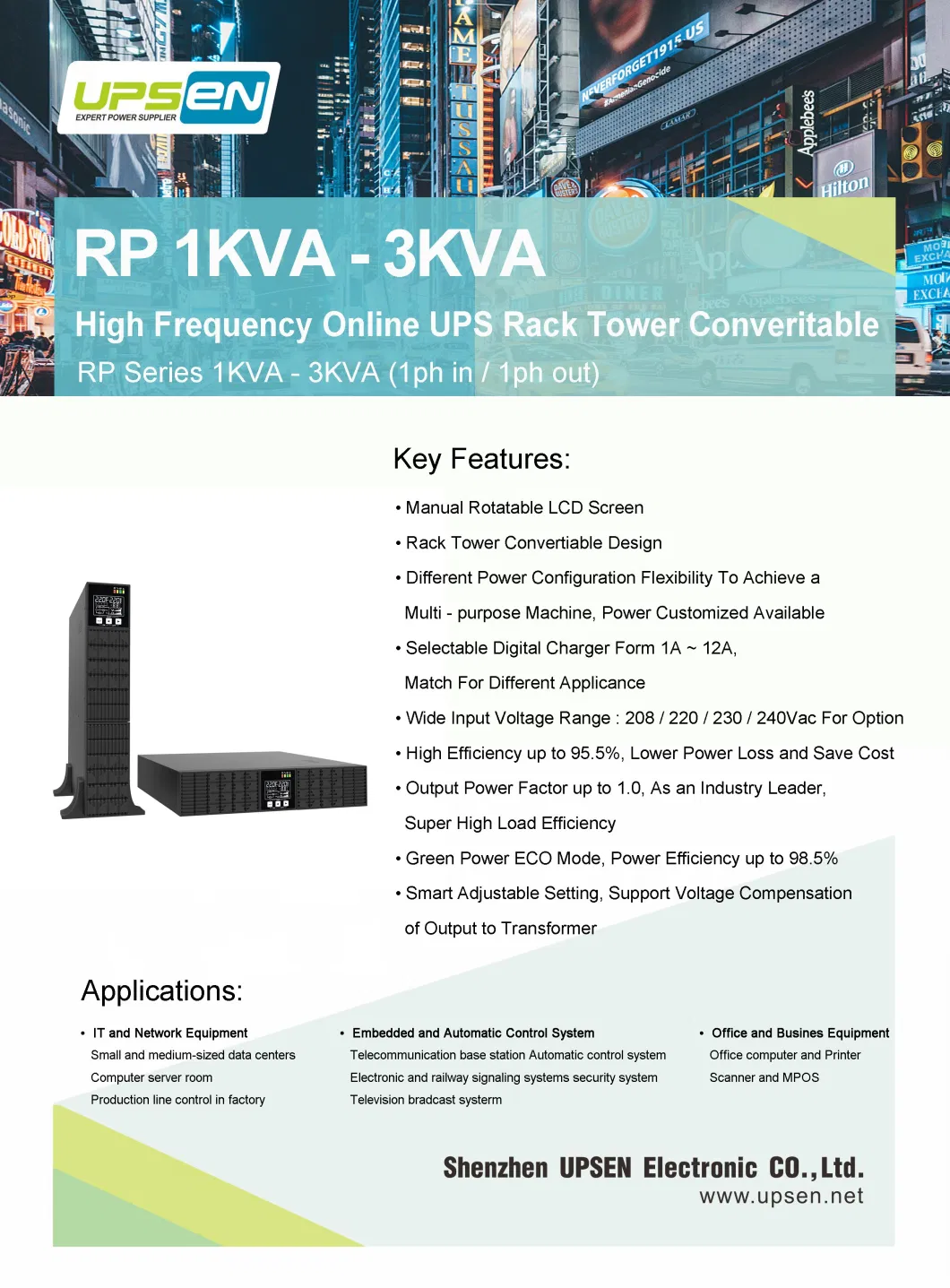 1kVA 1kw External Battery Rack Tower UPS with Manual Rotatable LCD Screen UPS for Servers