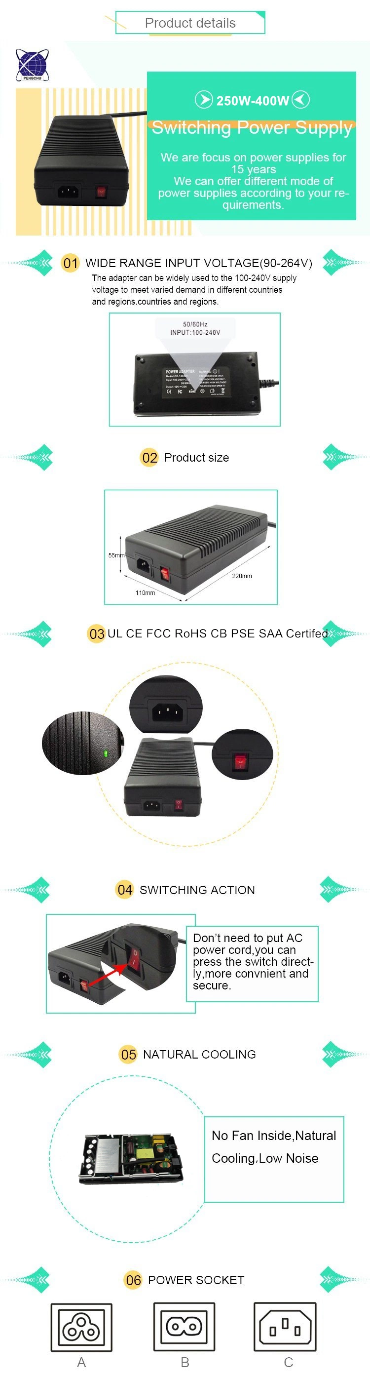 High Efficiency 360W 24V 15A AC/DC SMPS Power Supply with UL CE FCC RoHS SAA CB