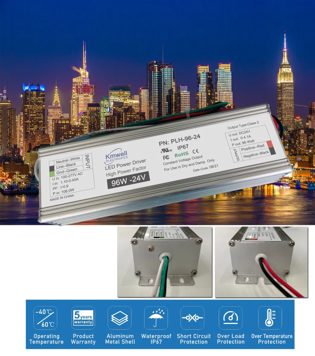 High Power Factor Plh-96W 100W 12V 24V 48V LED Driver Waterproof LED Power Supply for Outdoor Sign Market with UL Listed CE FCC RoHS