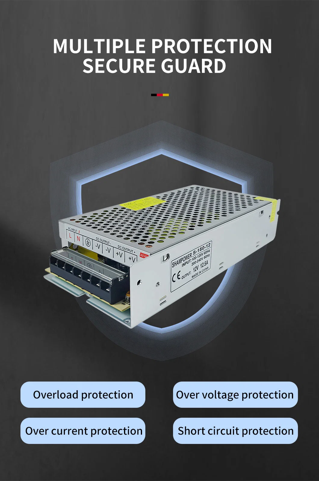 Shampower AC 110V / 220V to DC 12V 12.5A 150W Switching Power Supply for CCTV Cameras and LED Strip Lights