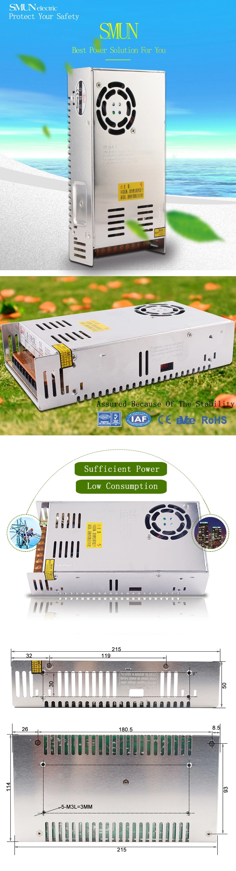 Smun S-350-12 110V/220V Input 350W 12V 29A Power Supply SMPS