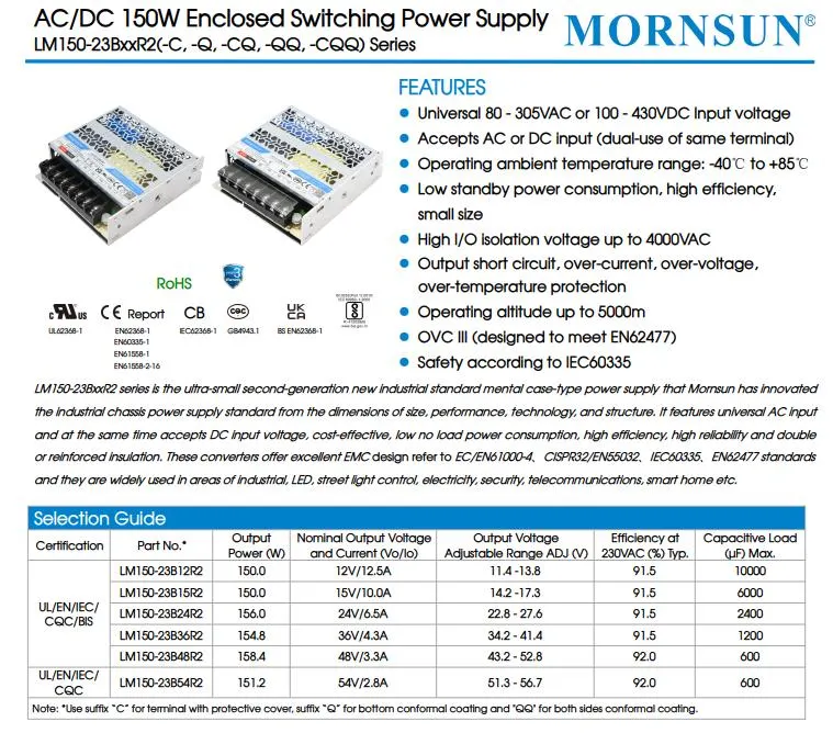 AC/DC 150W Enclosed Switching Power Supply 80 - 305VAC or 100 - 430VDC