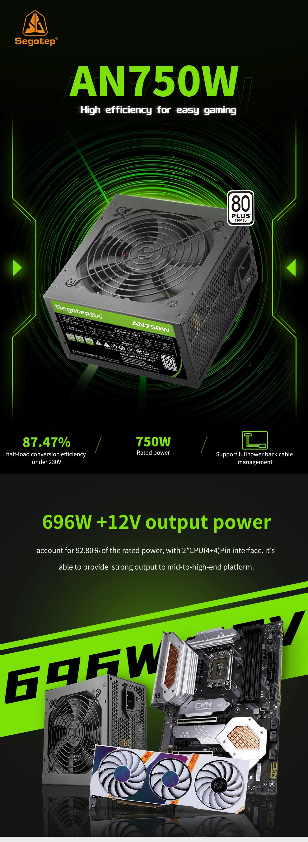 Segotep-87.47%-Conversion Efficiency-High-End-Capacitor-Carry 2*CPU (4+4) Pin Port-Gaming-ATX-750W-Switching-Power-Supply