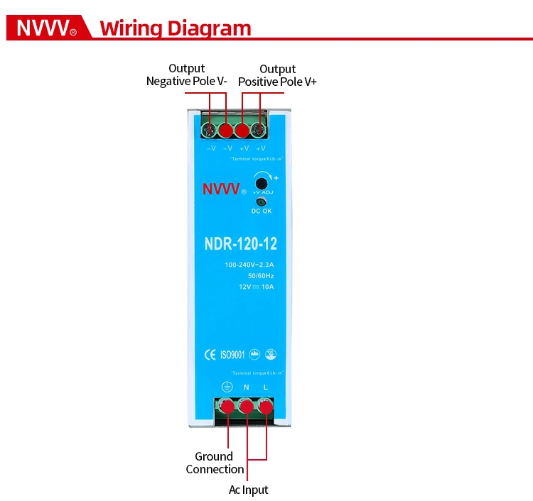 Ndr-120W-12V Power Supply 10A 120W DIN Rail Switching Power Supply