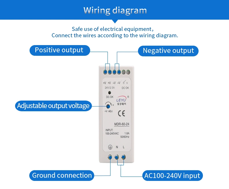 Mdr-60-5/Mdr-60-48 110V/220V AC to 5V DC 10A 60W DIN Rail Power Supply