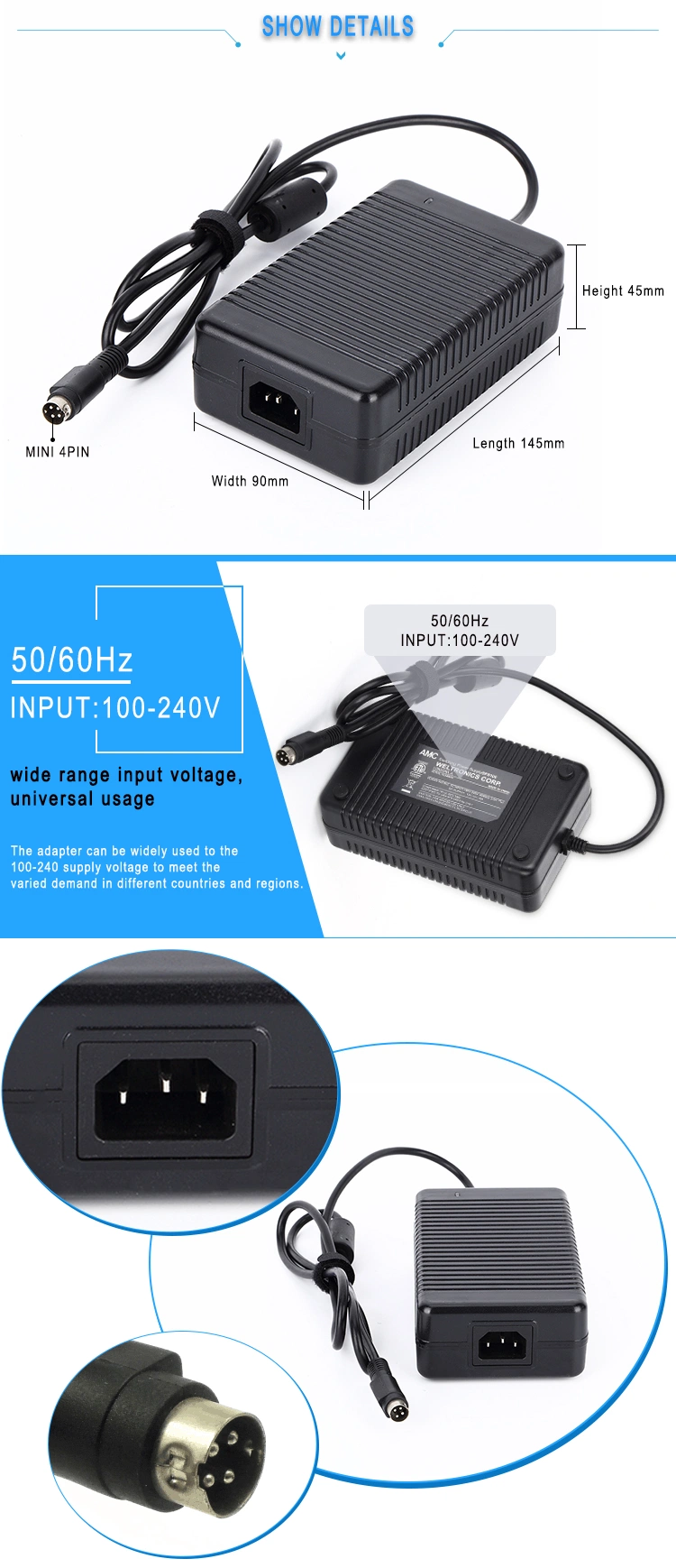 Desktop 120W Switching Power Supply 12 Volt 10 AMP Power Supply with Round -head 4 Pin