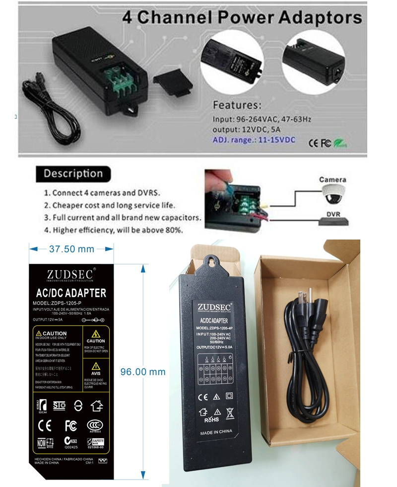 CCTV Security Camera Power Adapter 12V 5A 6A 7A 8A 9A 100V-240V AC to DC 2.5X5.5mm W/4-Way Power Splitter Cable Power