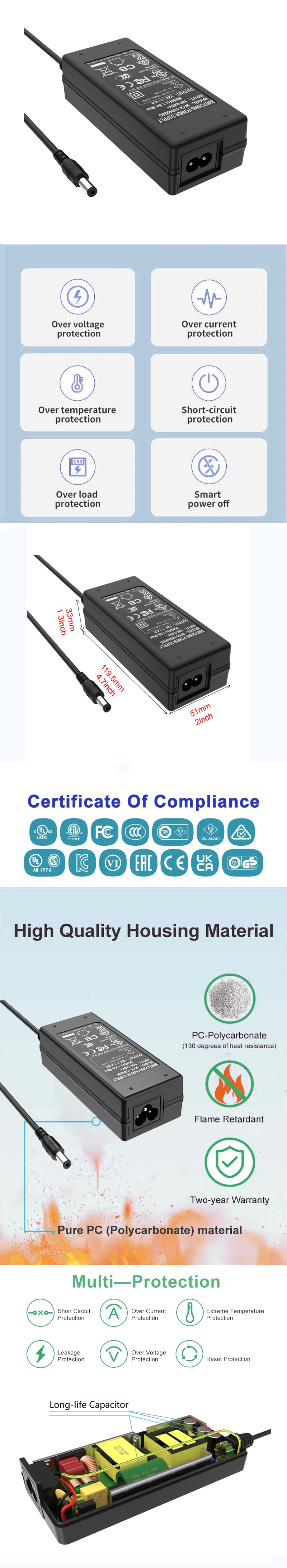 CE FCC Kc Kcc SAA PSE Rcm GS CB Certificated Desktop Adapter 12V 24V 36V 48V 15A 10A 8A 6A 5A Laptop Power Supply