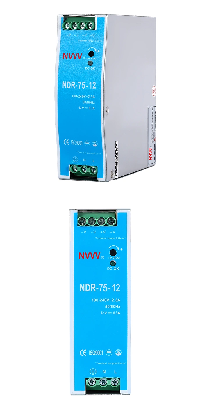 Nvvv Ndr-75-12 75W 12V 24V Power Supply 12V 6.25A Supplies SMPS PSU DIN Rail Power Supply
