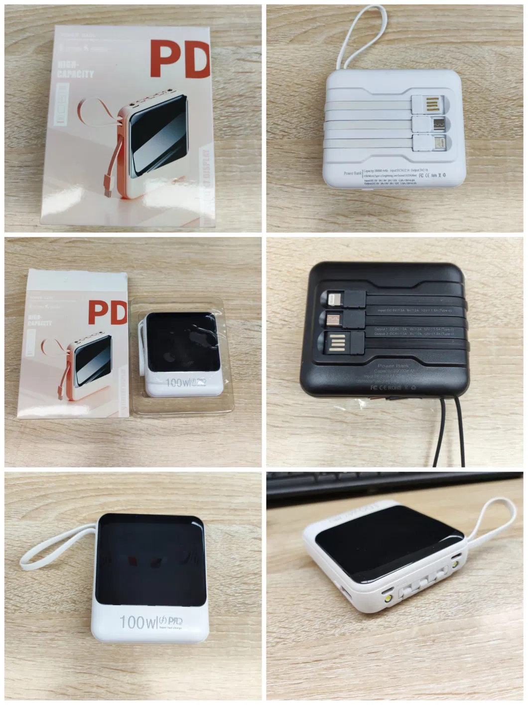 10000 mAh Mirror Screen Compact Mobile Power Supply with Cable Charging Power Bank