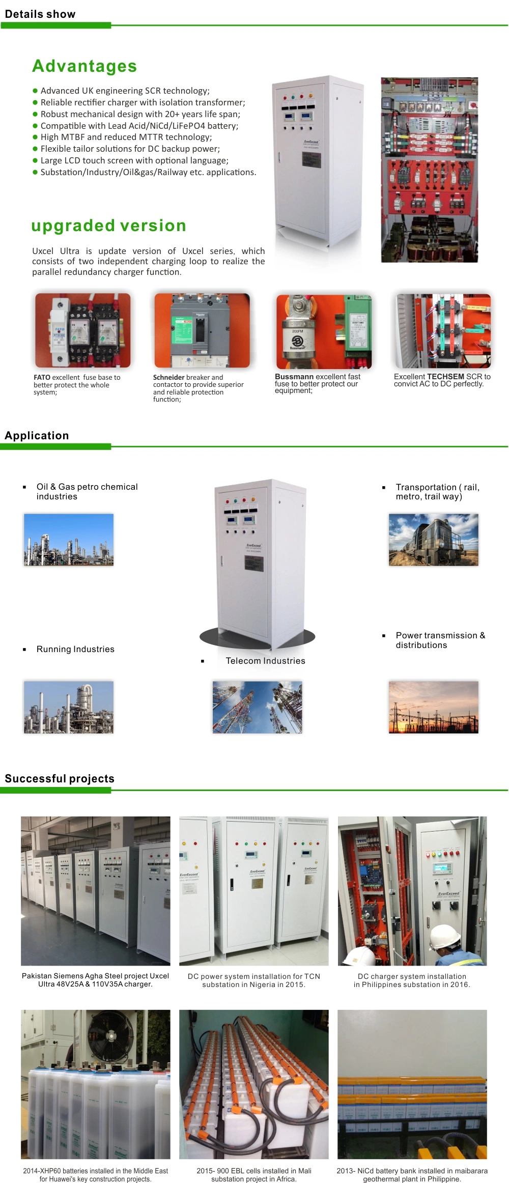 Everexceed 48V800A Uxcel Ultra Series Thyristor/ Rectifier/Industrial Battery Charger/DC UPS/Power Solution;