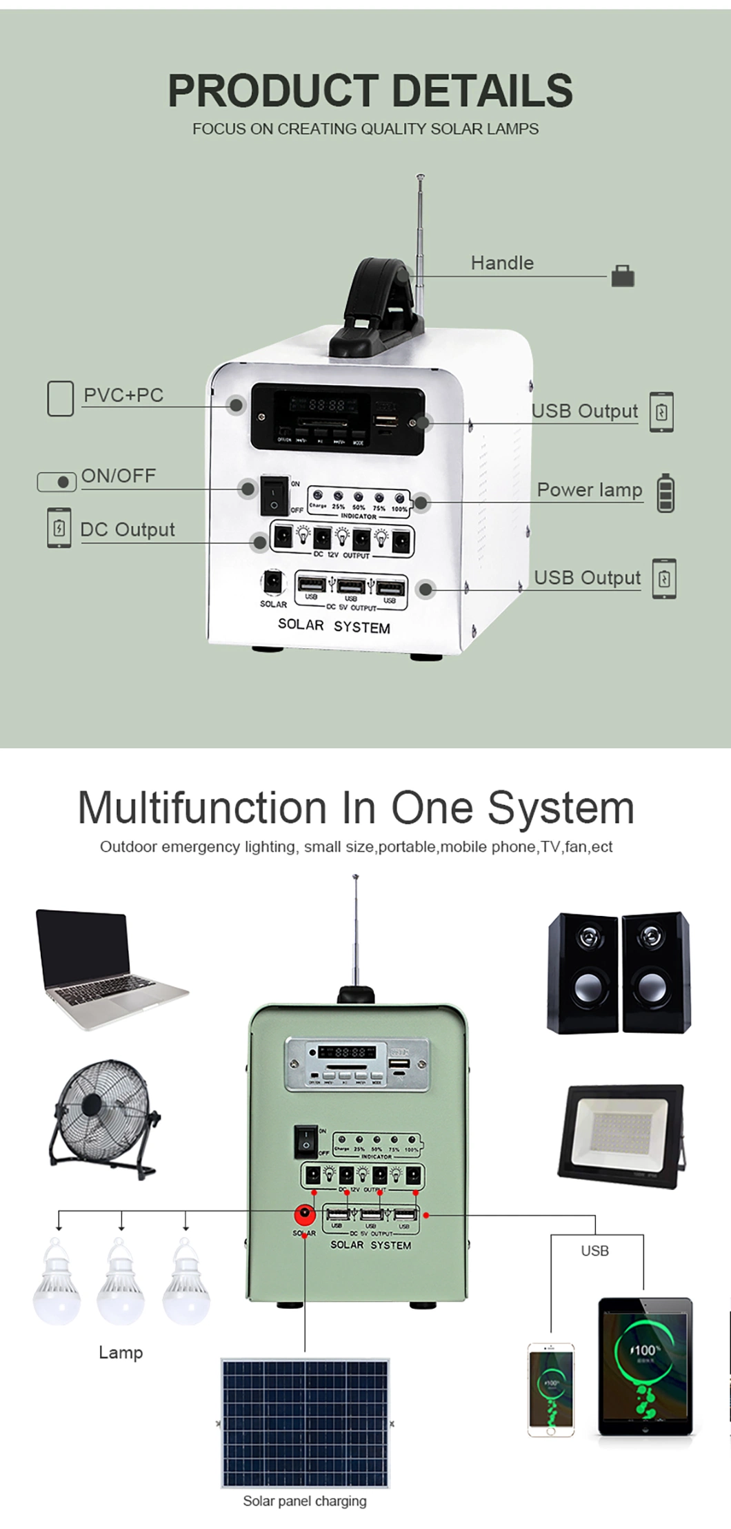 Multifunctional Energy Storage Mobile Power Supply Outdoor Power Supply Charging LED Light Solar Power Bank System