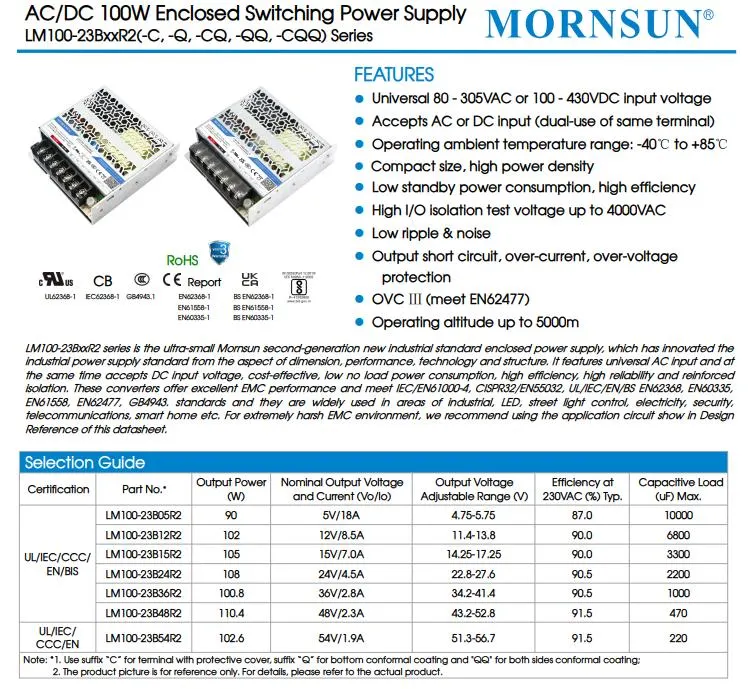 Mornsun AC/DC 100W Enclosed Switching Power Supply #Lm100-23b05r2