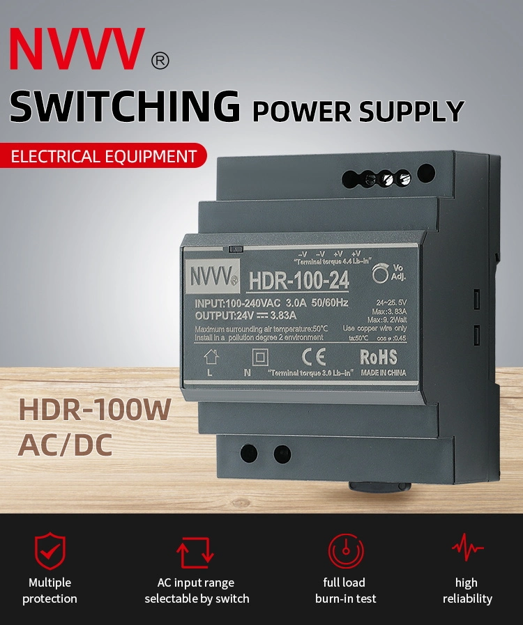 Hdr-100-12 Hdr Series AC to DC Ultra-Thin DIN Rail Power Supply Hdr-100 100W 5V/12V/24V Switching Power Supply SMPS