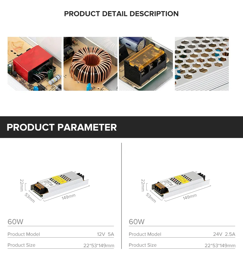 Ultra Thin LED Power Supply AC190 240 to DC12 24V 60 100 150 200 300 400 500W Transformer Adapter Driver Fcob Ws2815 Light Strip