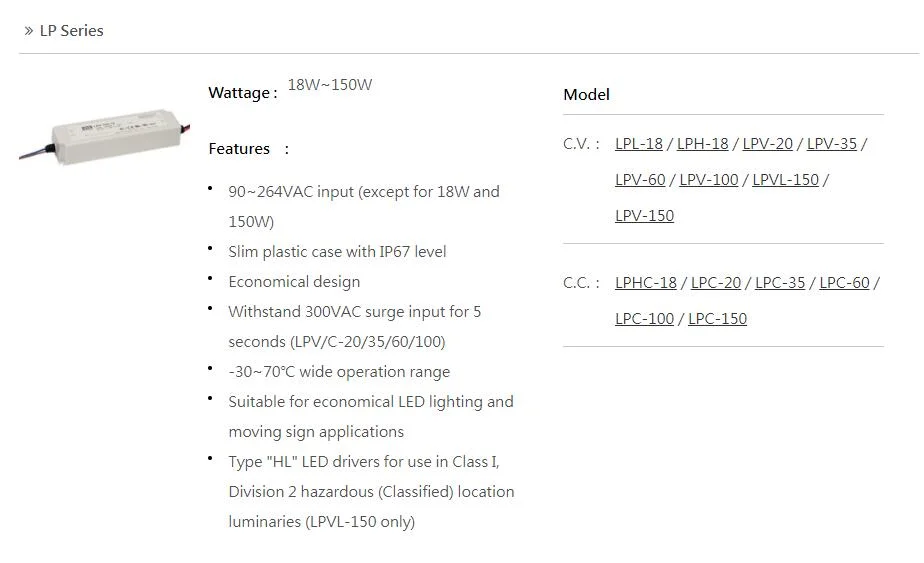 Meanwell Lpv-60-24 60W IP67 Single Output LED Transformer for LED Strip Light