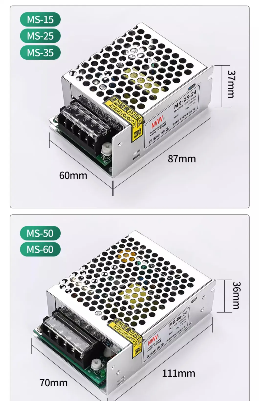 Nvvv Ms Series Switching Power Supply Units AC-DC Power Supply 5V/12V/24V 15W/25W/50W/60W/100W/120W/250W/300W/350W