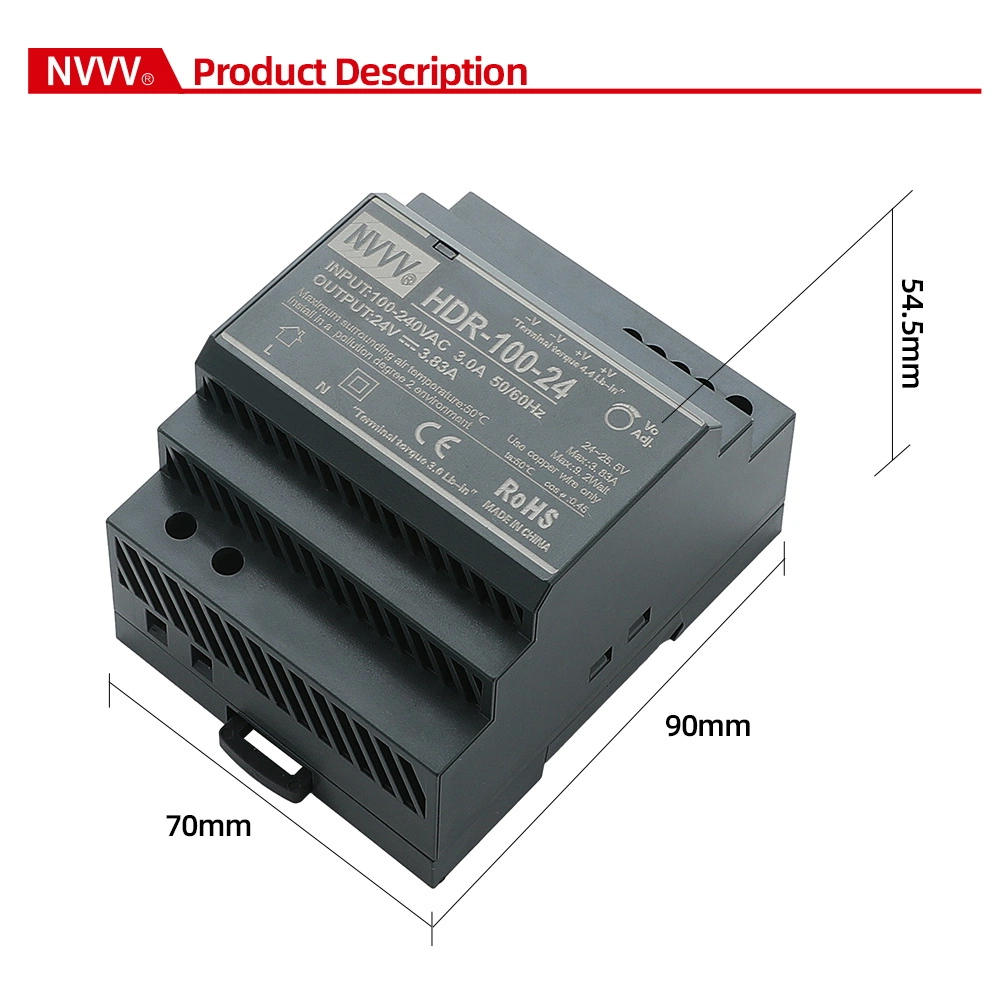 Hdr-100-12 Hdr Series AC to DC Ultra-Thin DIN Rail Power Supply Hdr-100 100W 5V/12V/24V Switching Power Supply SMPS