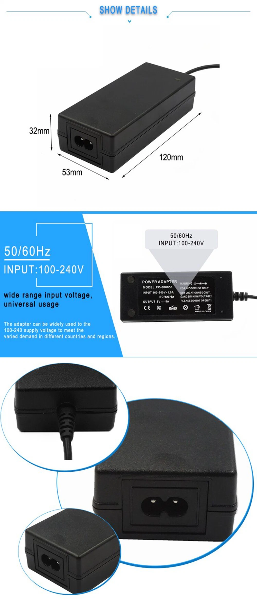 DOE VI Approved AC DC 60W 12V 5Amp Adapter Switching Power Supply For LED Strip Light CCTV Monitor
