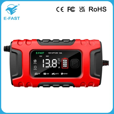  Cargador de baterías para coche de ciclo de motor AGM de plomo ácido de 24V 5A 7 etapas 12V 10A Cargador automático de pantalla LCD inteligente