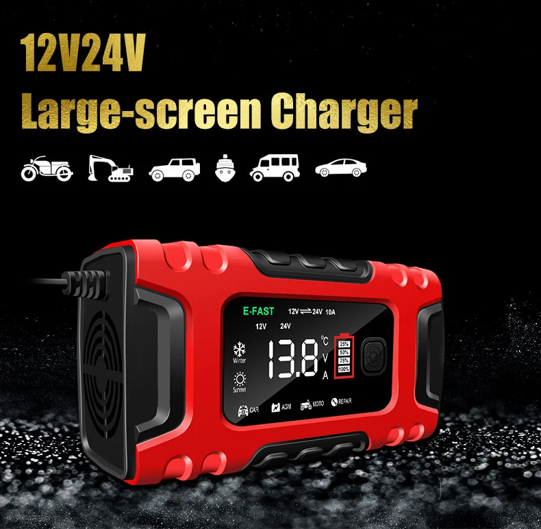 24V 5A 7-Stage Lead Acid AGM Motorcycle Car Battery Charger 12V 10A Smart LCD Display Automatic Charger
