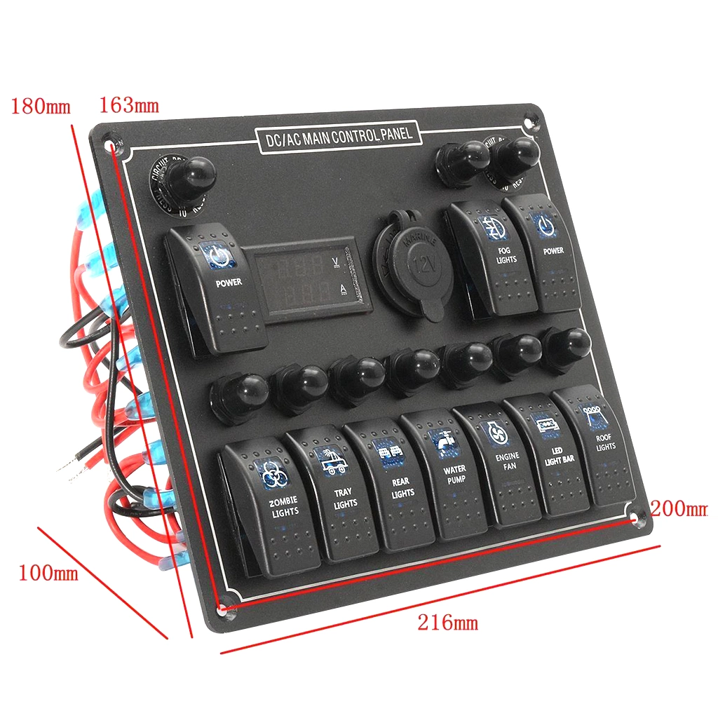 10 Gang Rocker Switch Panel 15A DC Output Car Auto Marine Waterproof LED AC/DC Dual Power Control Overload Protection