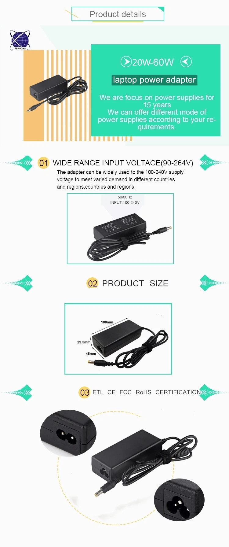 UL CE FCC RoHS SAA CB Desktop 12V 5A 60W AC/DC Replacement Power Adapter for Laptop