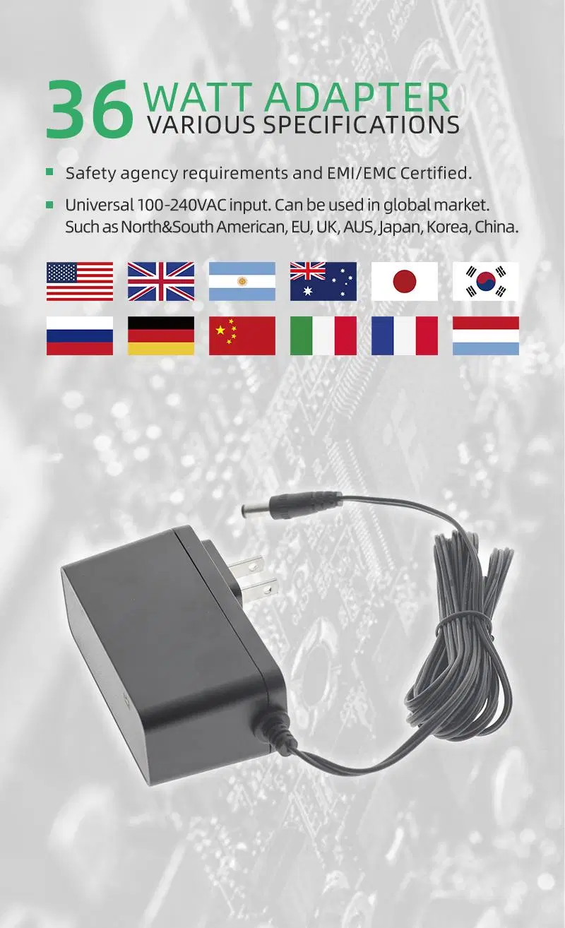 Black Us 2 Pin AC DC Power Adapter Supply Approved UL/cUL FCC Certificates 5V 4A 12V 3A 24V 1.5A 36V 1A DC Output