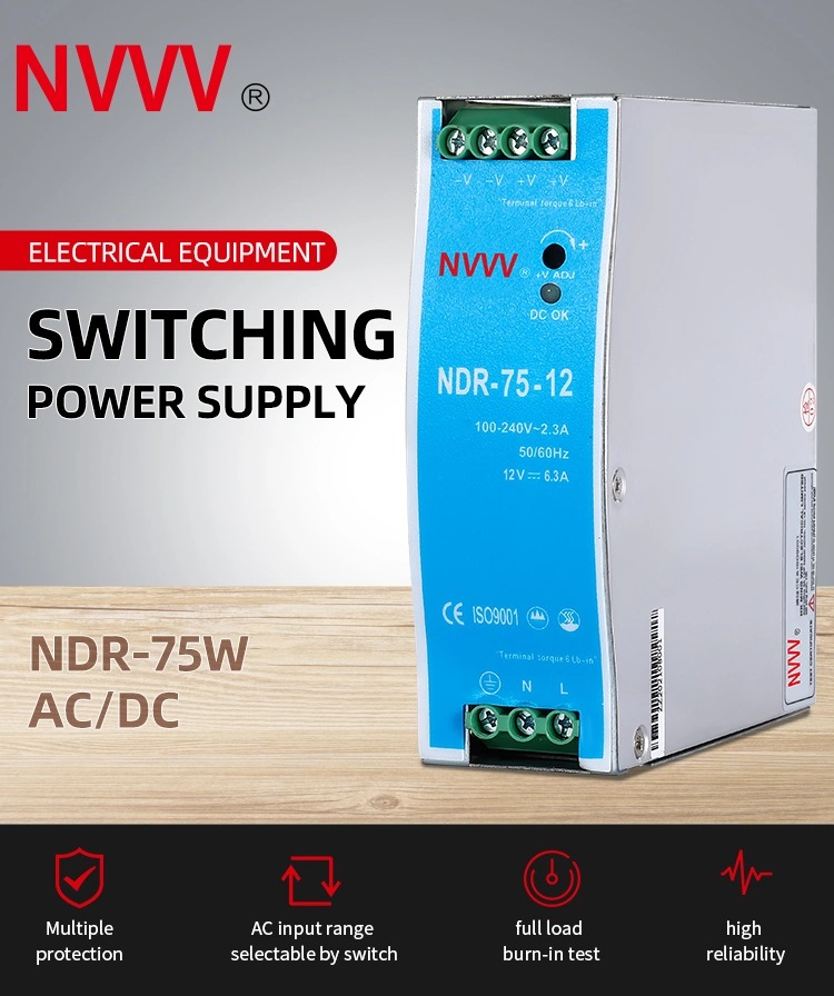 Nvvv Ndr-75-12 75W 12V 24V Power Supply 12V 6.25A Supplies SMPS PSU DIN Rail Power Supply