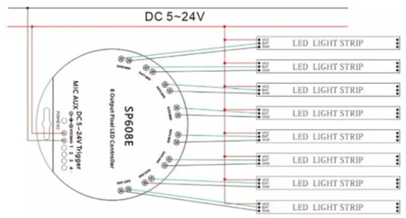 Sp608e 8 Channel Signal Output Remote Controller Ios Android Blue Tooth APP Controller for Ws2811 Ws2815 Addressable LED Strip