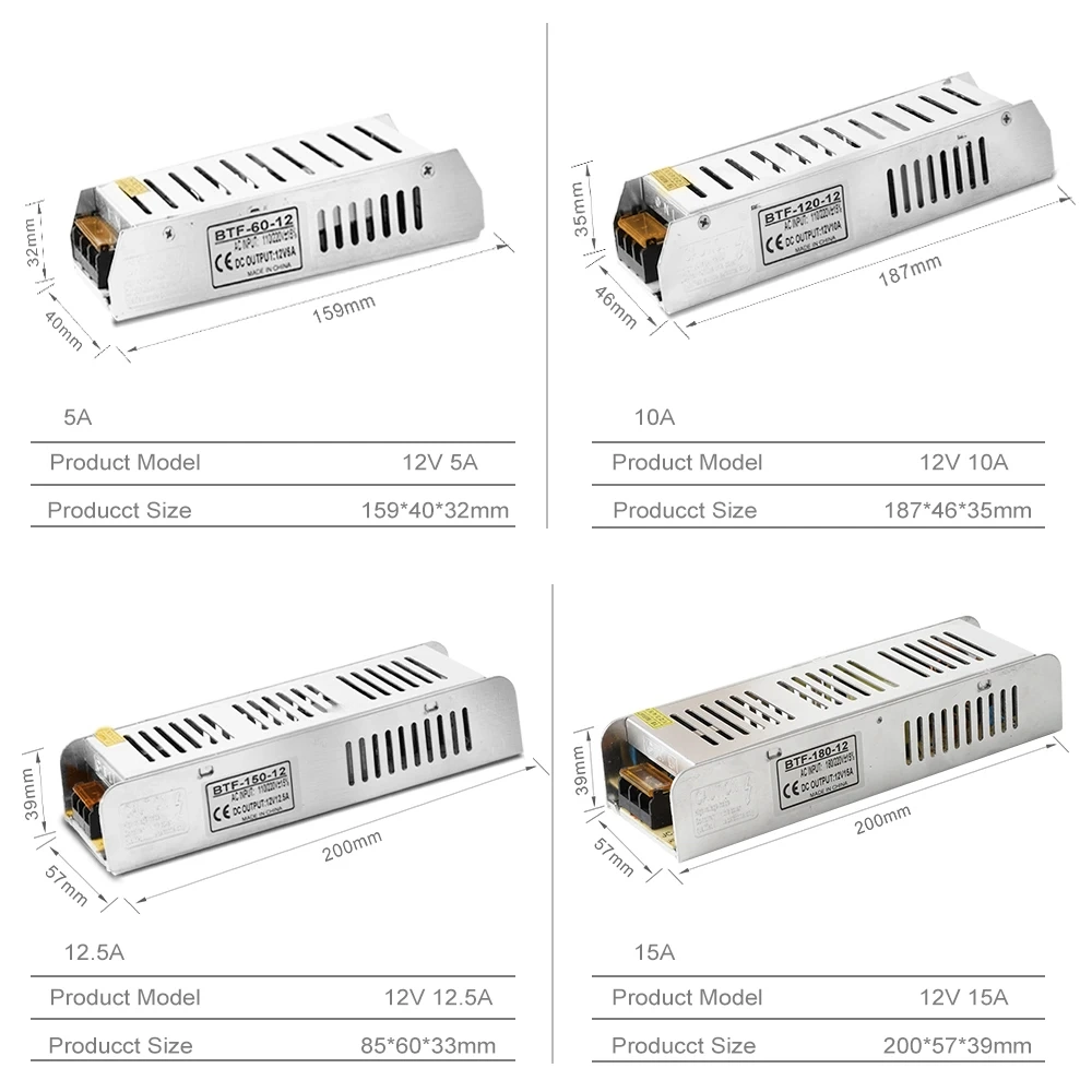 DC12V LED Power Supply 5A 10A 12.5A 15A 16.5A 20A 30A Switch Transformer Ws2811 Ws2815 LED Strip Light Adapter 5050 3528 Lights